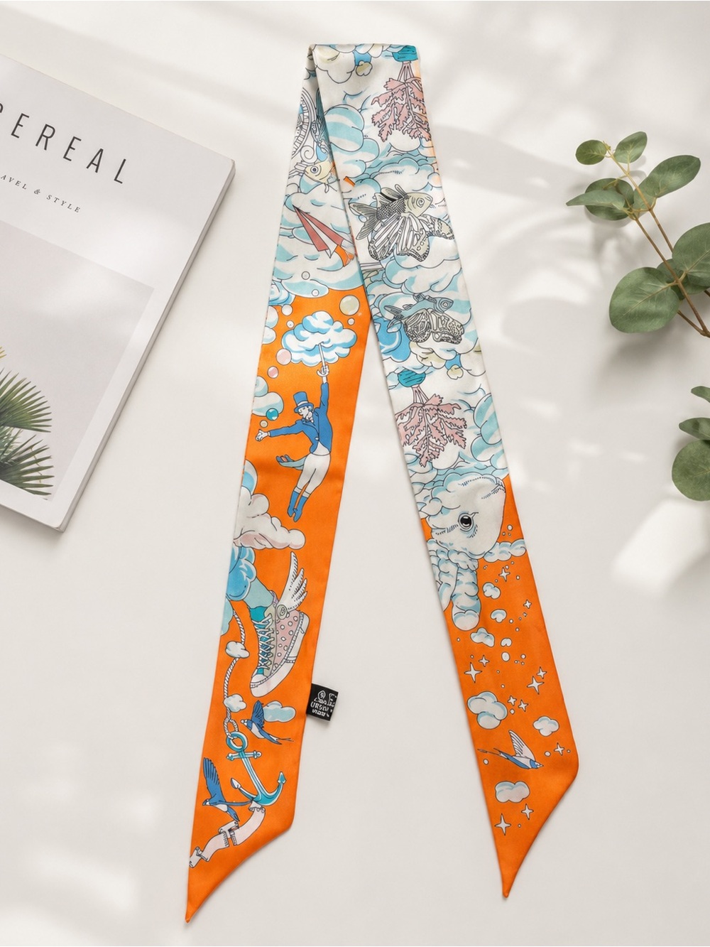 Bright Orange and Sky Blue Illustrated Silk Scarf Tie - Picture 2 of 4